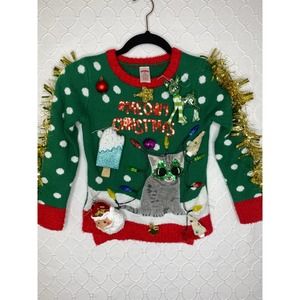 Ugly Christmas Sweater Kitty Girls LIGHTS UP